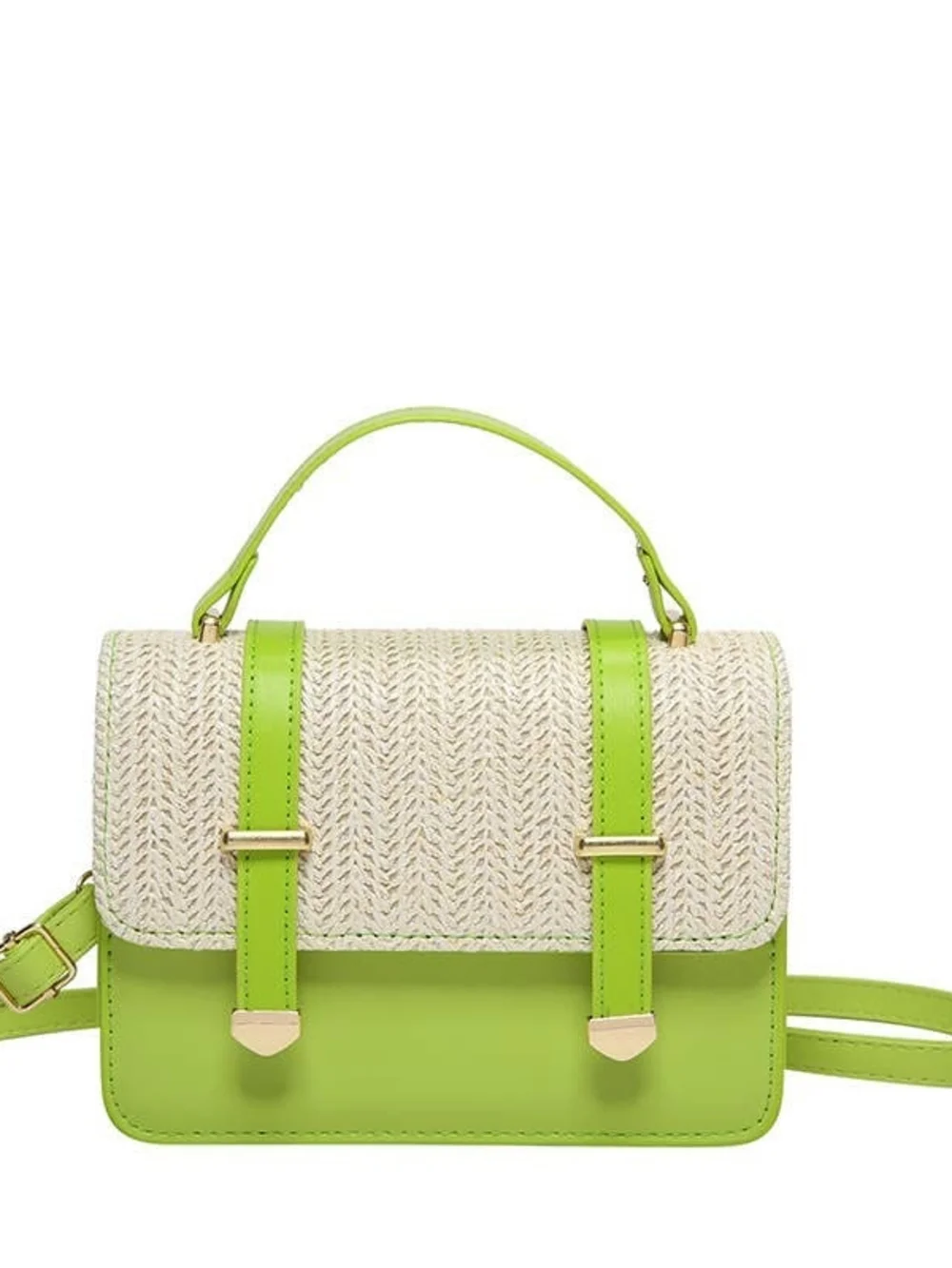 Straw & Leather Top-Handle Crossbody Bag - Light Blue